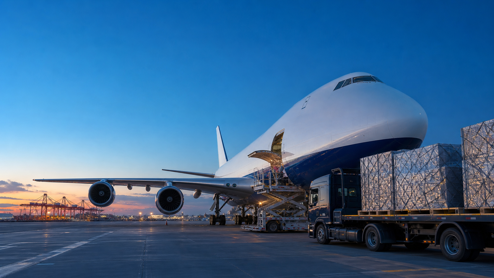 Air cargo aircraft and export freight ready for China-to-USA shipping